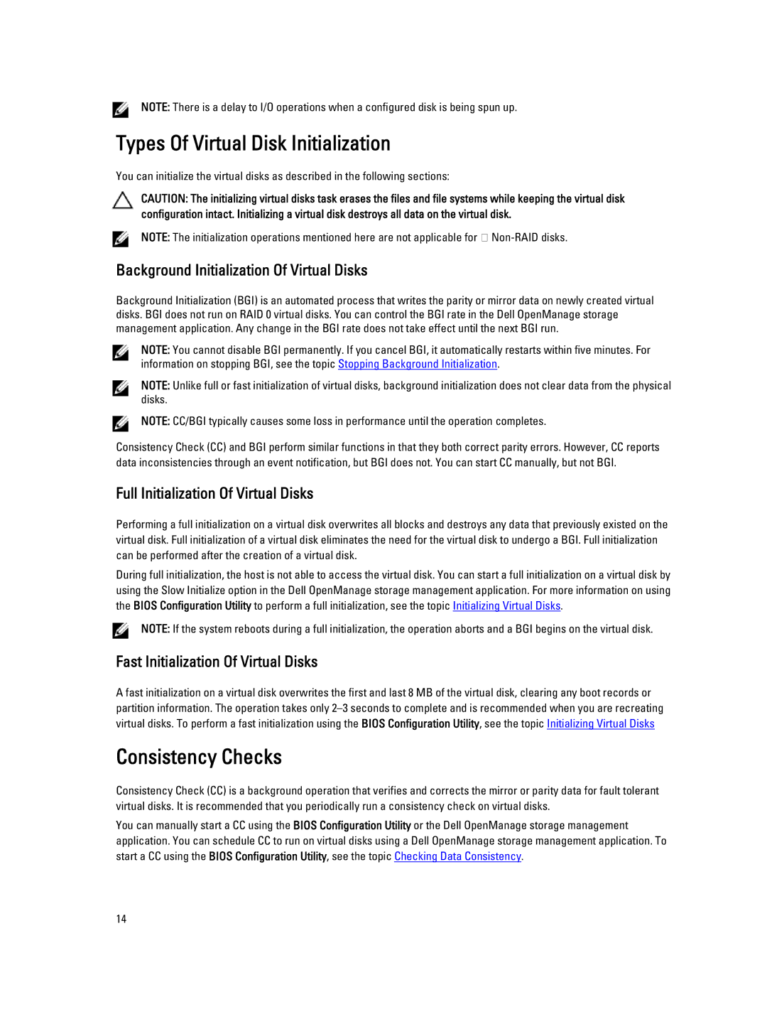 Dell H710P, H310 Types Of Virtual Disk Initialization, Consistency Checks, Background Initialization Of Virtual Disks 