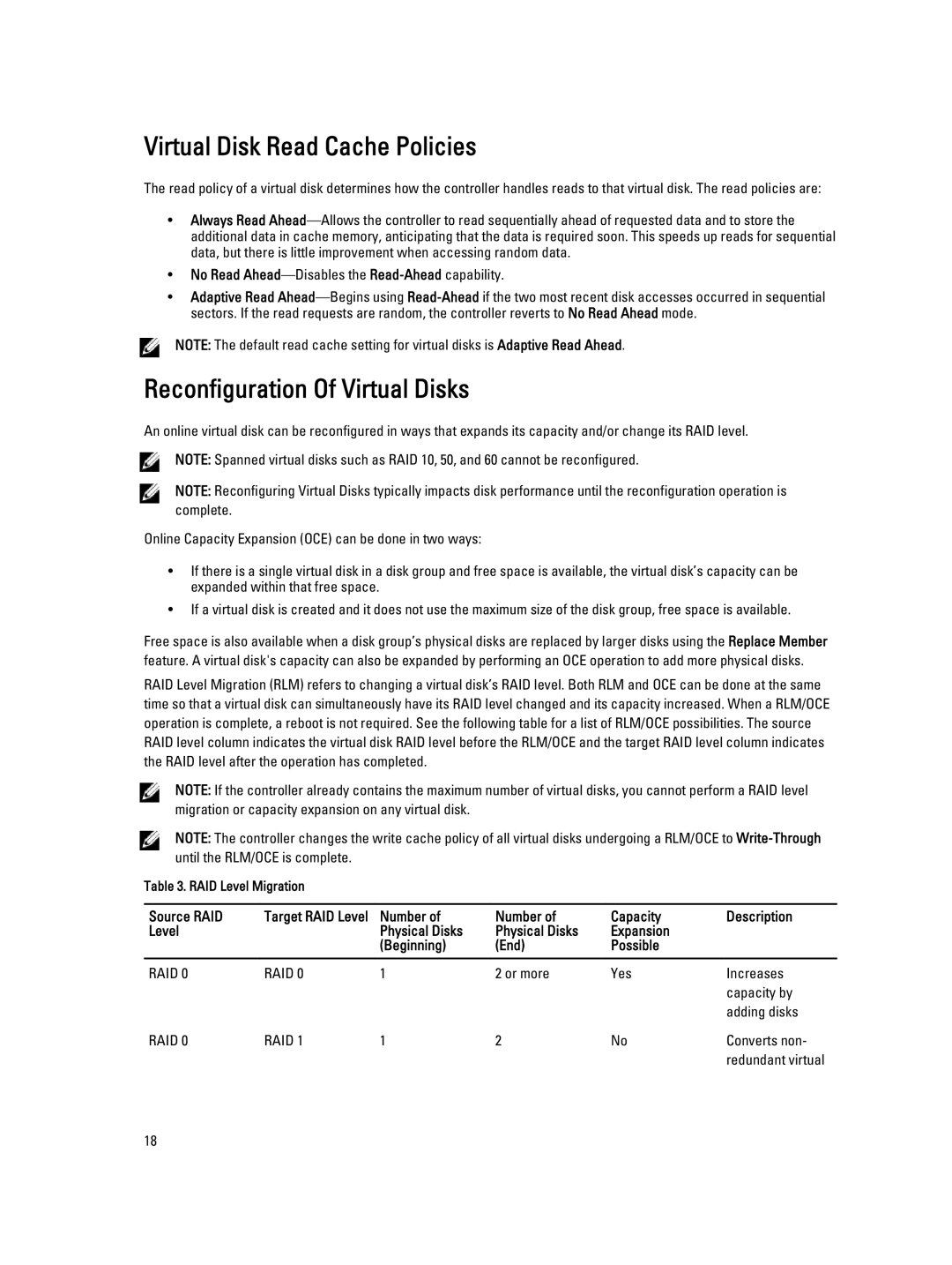 Dell H710P, H310, H810 manual Virtual Disk Read Cache Policies, Reconfiguration Of Virtual Disks, Source RAID 