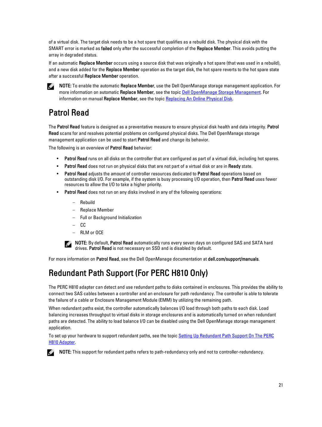 Dell H310, H710P manual Patrol Read, Redundant Path Support For Perc H810 Only 