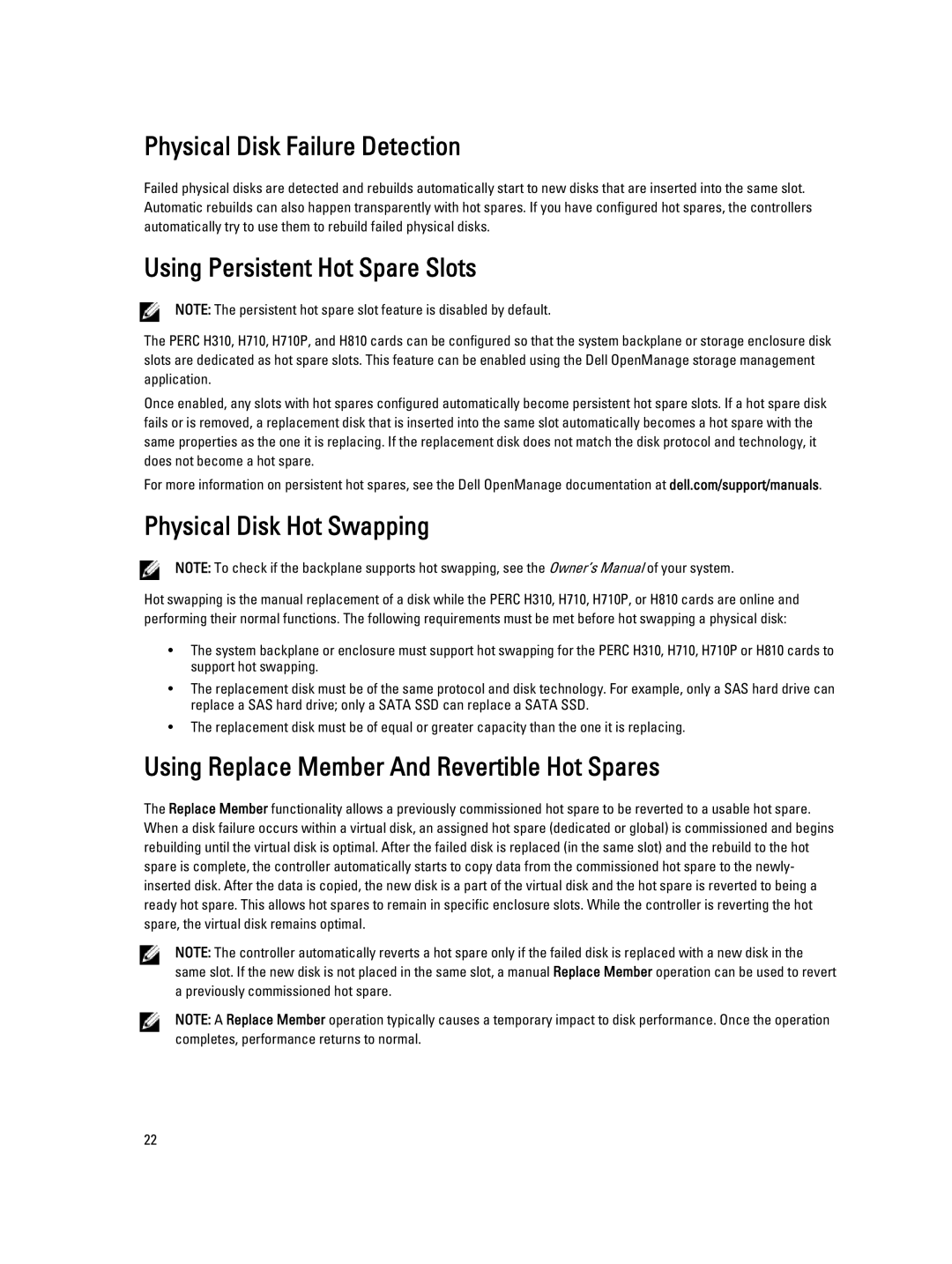 Dell H710P, H310, H810 Physical Disk Failure Detection, Using Persistent Hot Spare Slots, Physical Disk Hot Swapping 