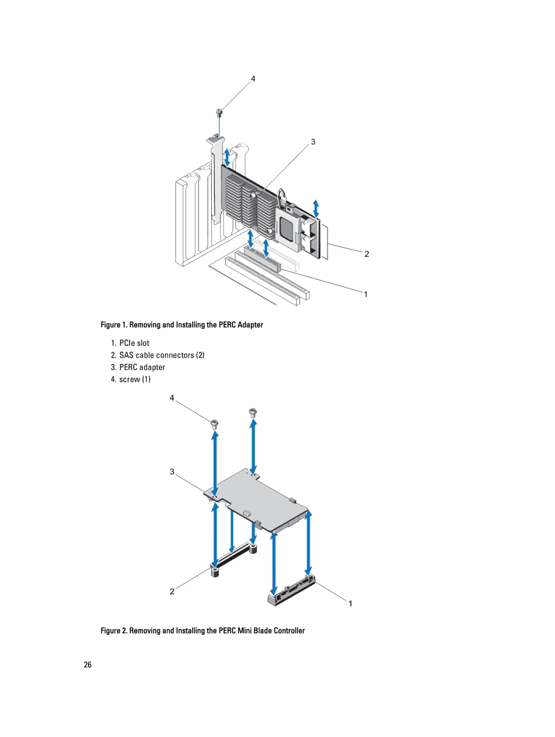 Dell H710P, H310, H810 manual PCIe slot SAS cable connectors Perc adapter Screw, Removing and Installing the Perc Adapter 