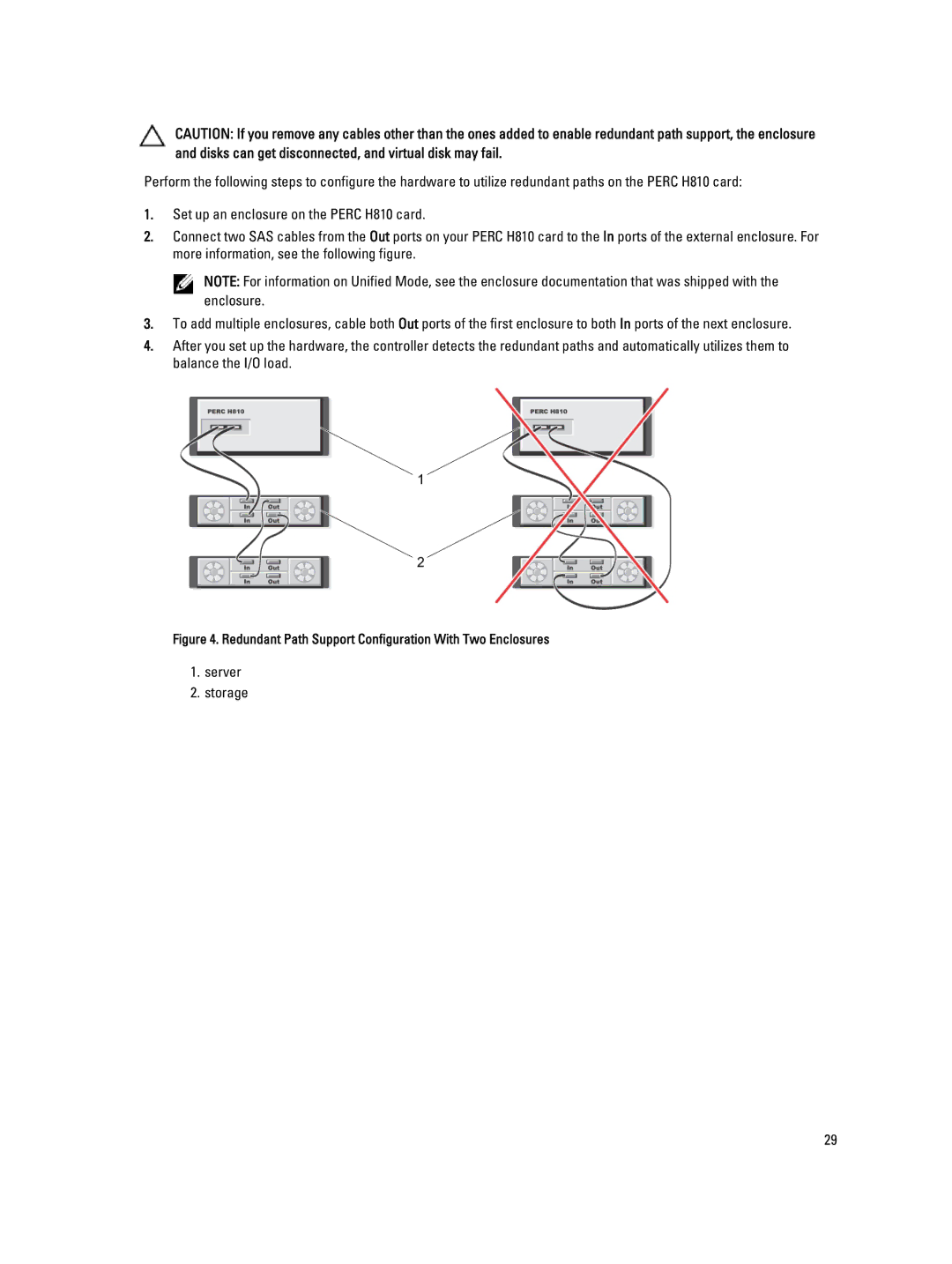 Dell H310, H710P, H810 manual Server Storage, Redundant Path Support Configuration With Two Enclosures 