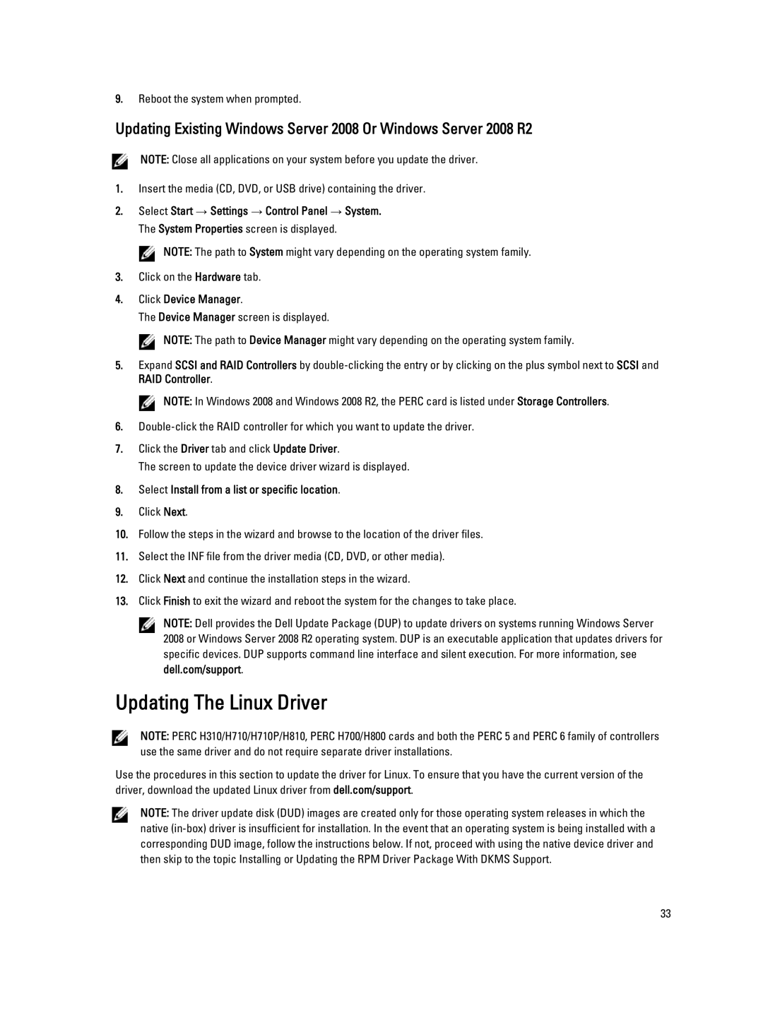 Dell H310 Updating The Linux Driver, Reboot the system when prompted, Click on the Hardware tab, Click Device Manager 