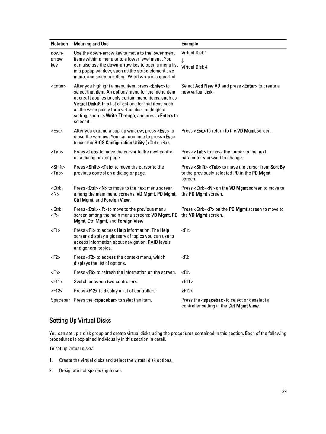 Dell H810, H710P, H310 manual Setting Up Virtual Disks, Notation Meaning and Use, Ctrl Mgmt, and Foreign View 