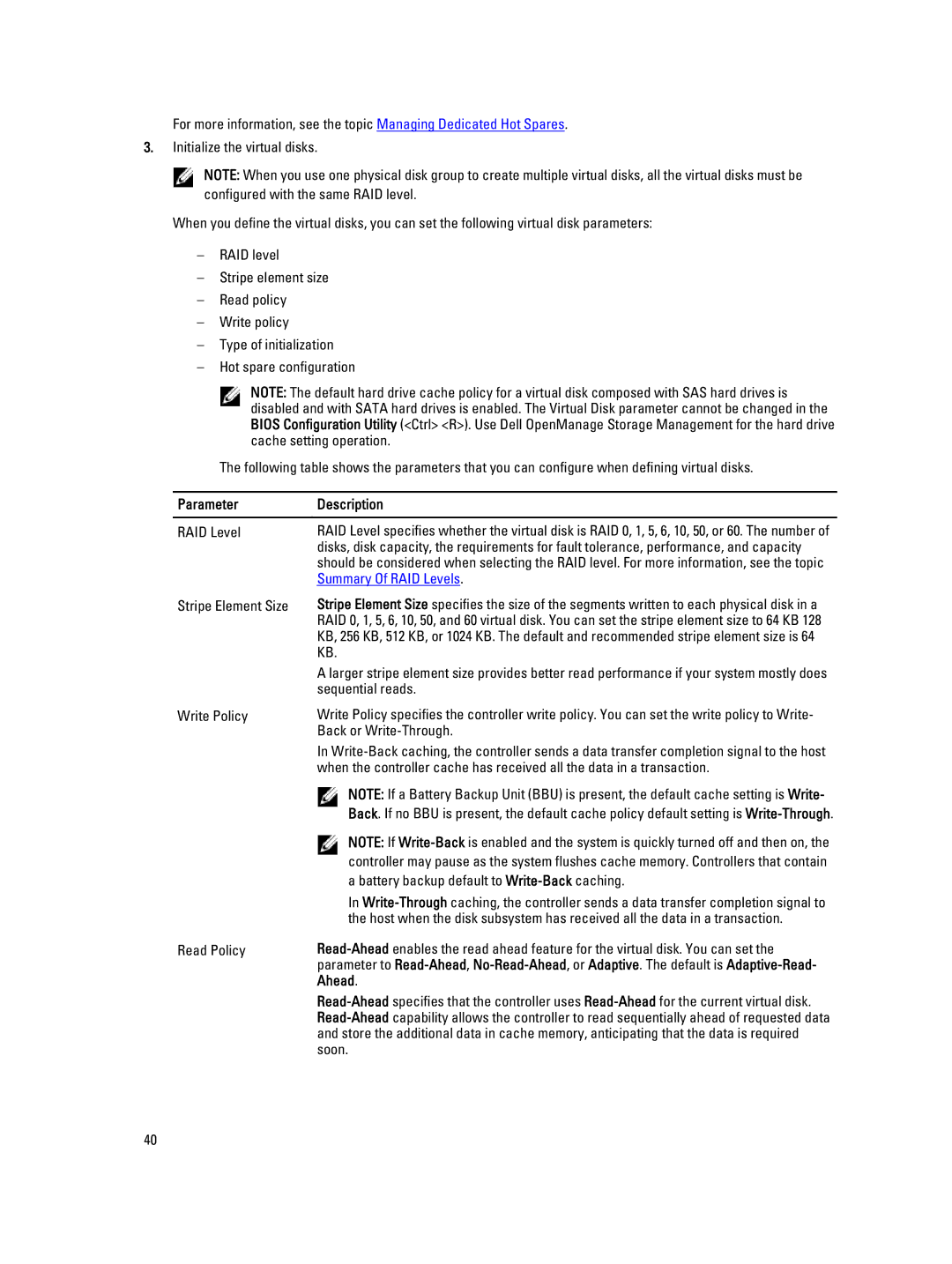 Dell H710P, H310, H810 manual Parameter Description, Summary Of RAID Levels 