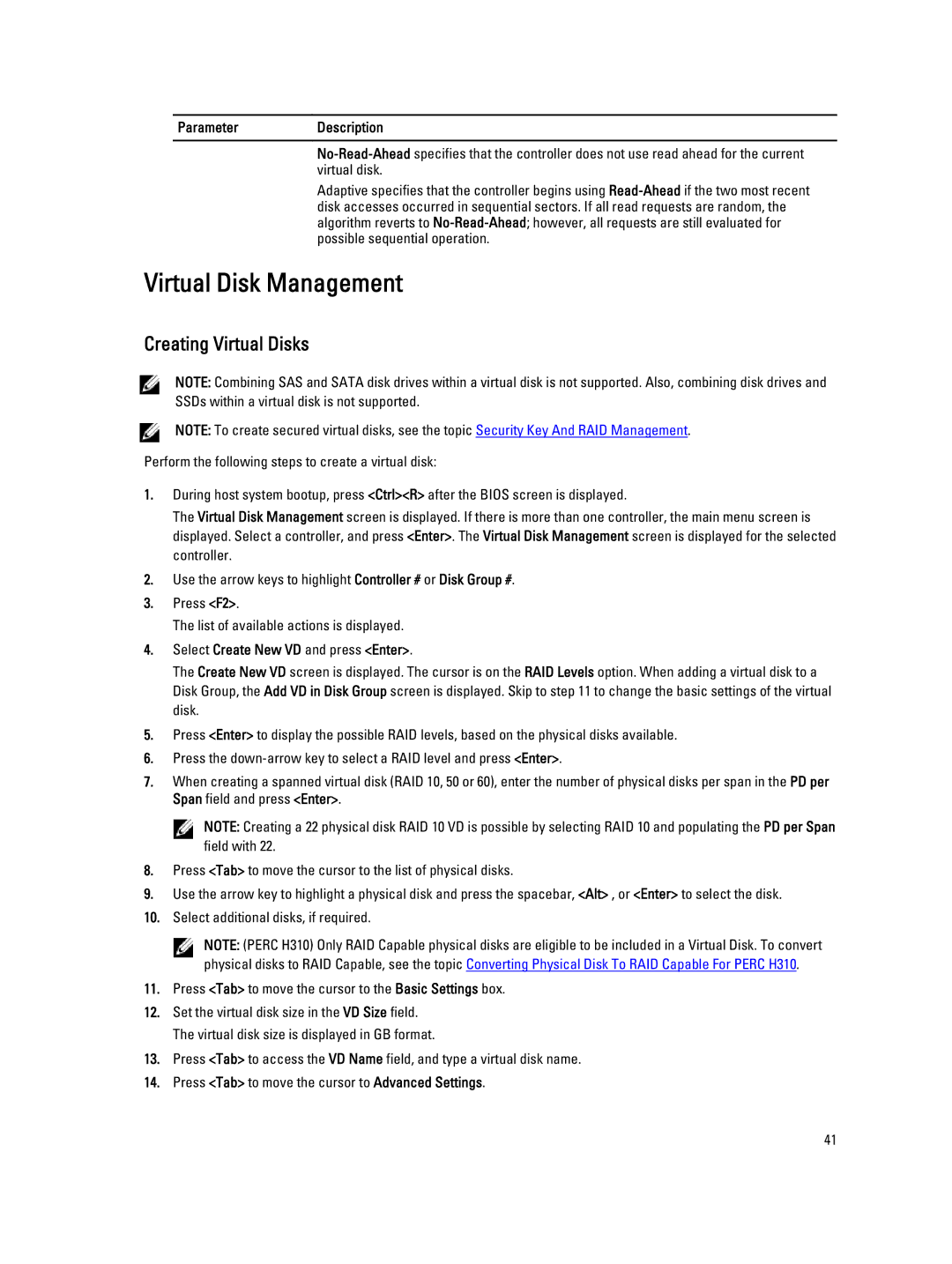 Dell H310 Virtual Disk Management, Creating Virtual Disks, ParameterDescription, Select Create New VD and press Enter 