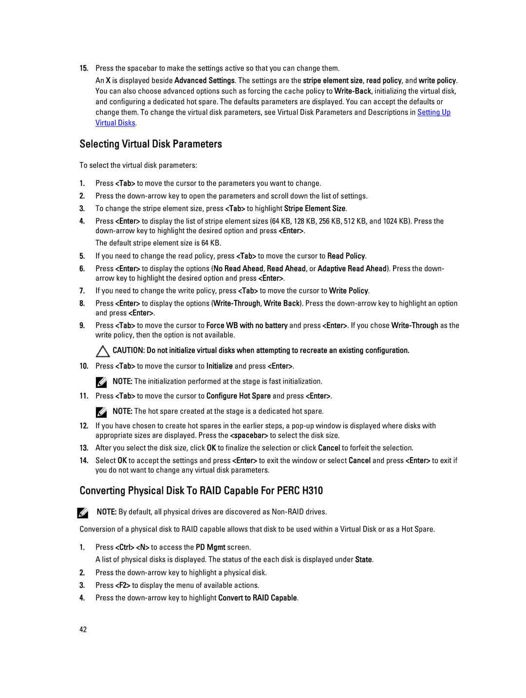 Dell H710P, H810 manual Selecting Virtual Disk Parameters, Converting Physical Disk To RAID Capable For Perc H310 