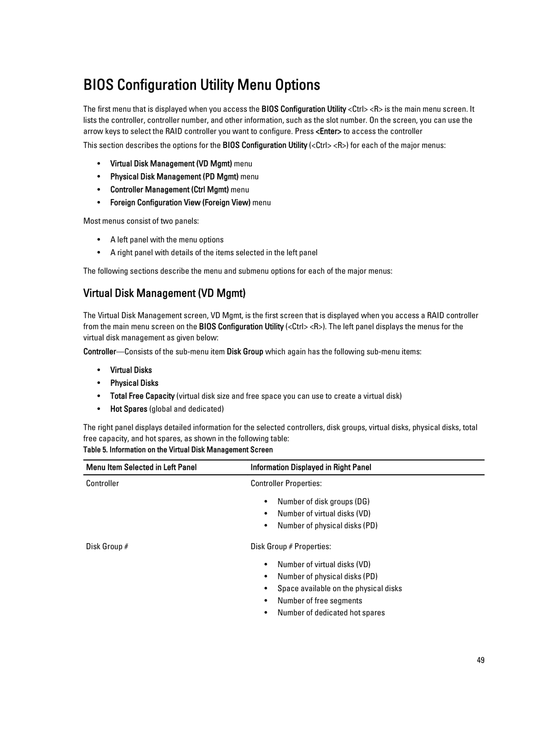 Dell H310, H710P Bios Configuration Utility Menu Options, Virtual Disk Management VD Mgmt, Virtual Disks Physical Disks 