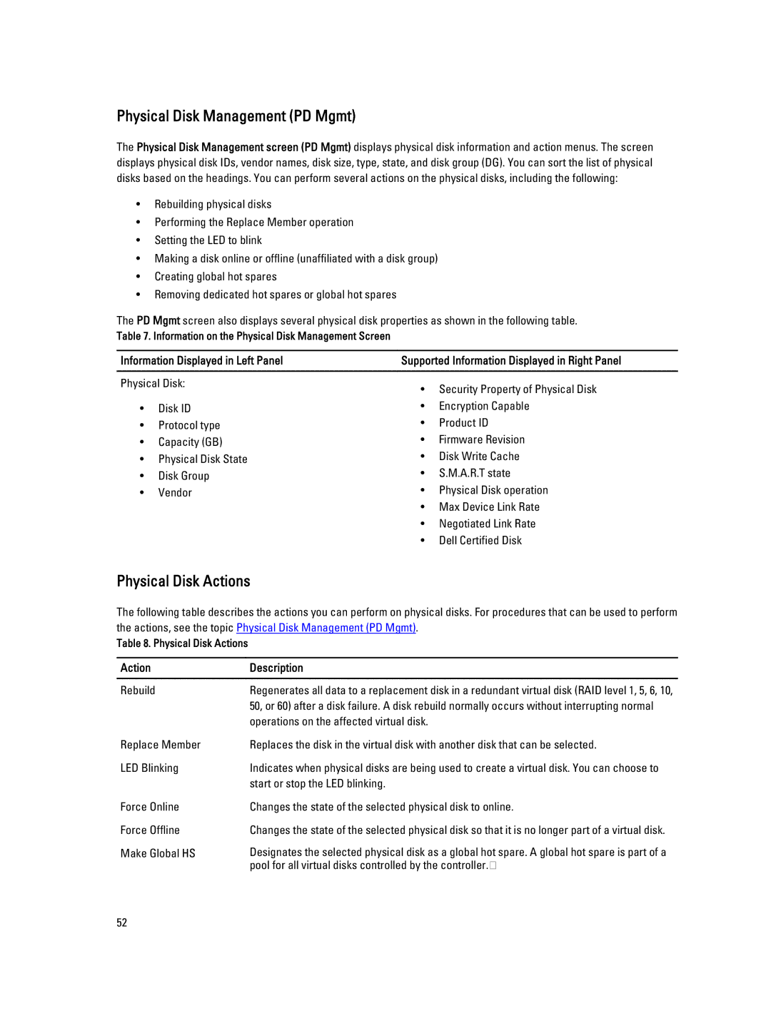 Dell H710P, H310, H810 manual Physical Disk Management PD Mgmt, Physical Disk Actions 