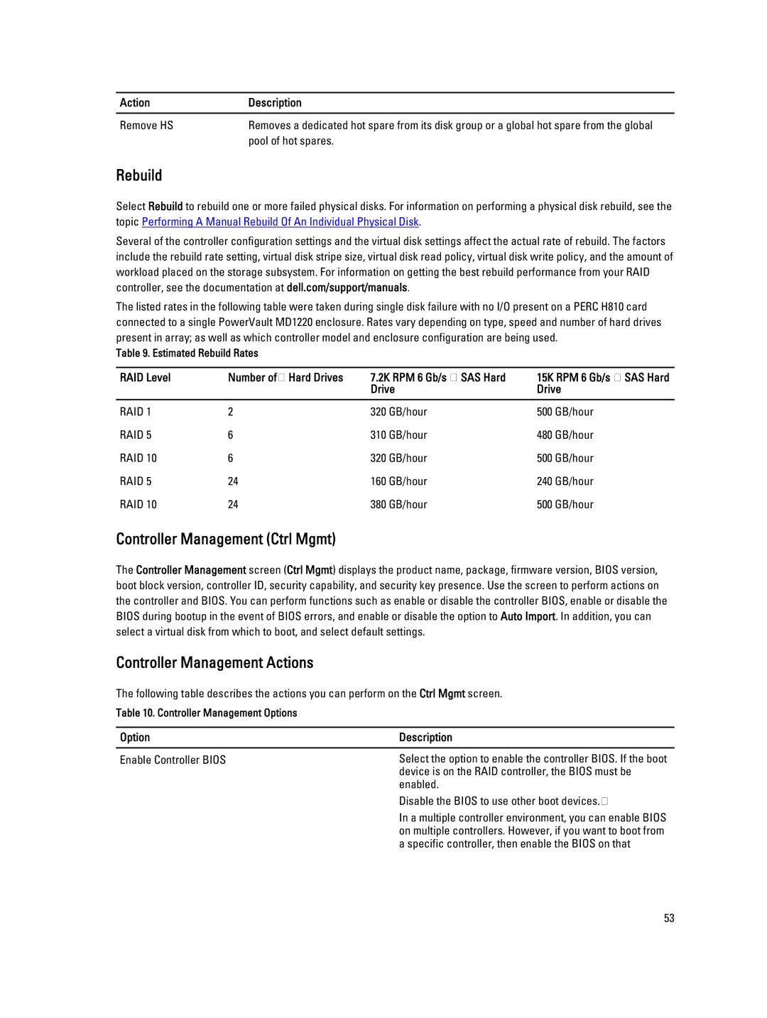 Dell H310, H710P, H810 manual Rebuild, Controller Management Ctrl Mgmt, Controller Management Actions 