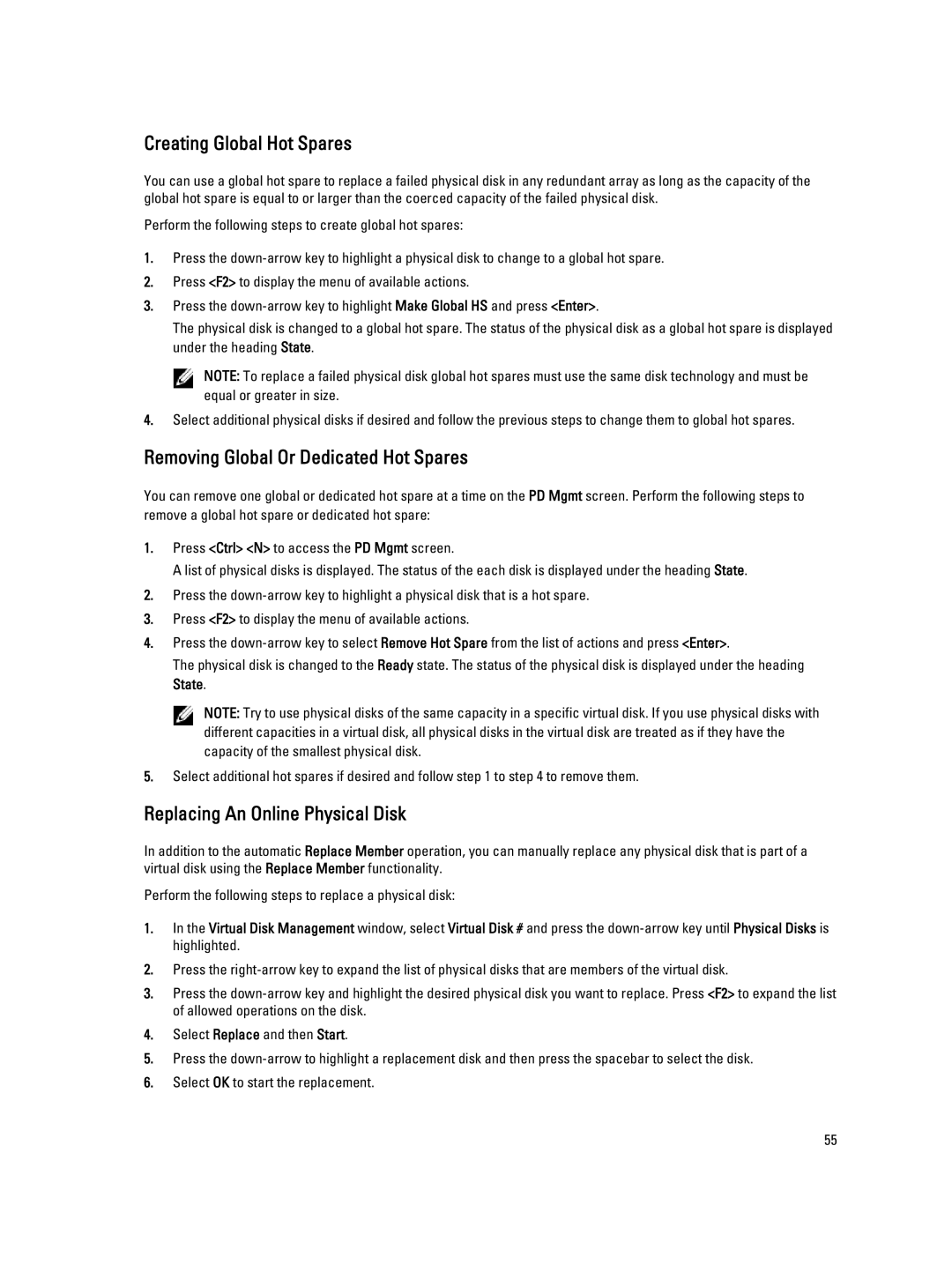 Dell H810, H710P Creating Global Hot Spares, Removing Global Or Dedicated Hot Spares, Replacing An Online Physical Disk 