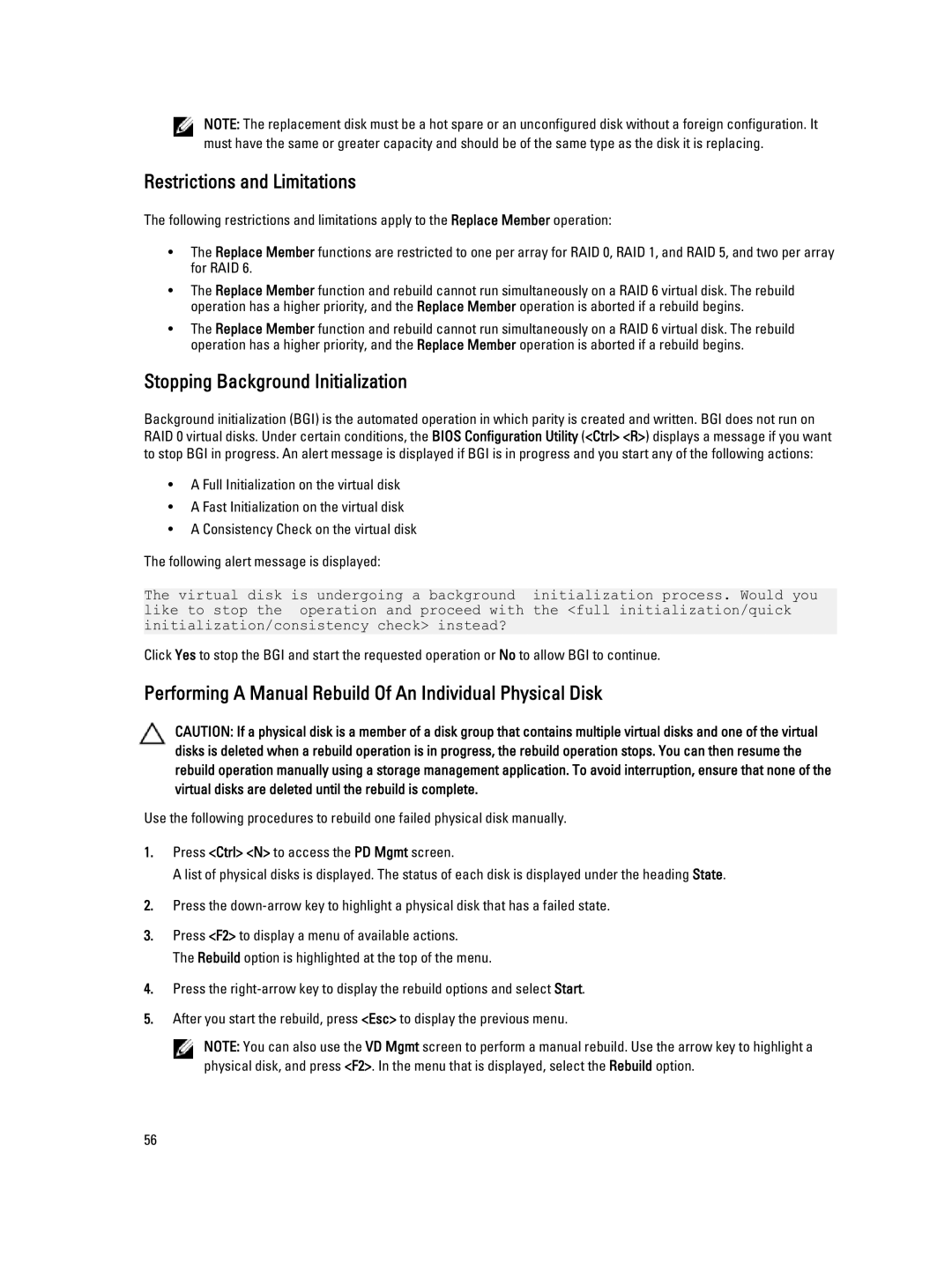 Dell H710P, H310, H810 manual Restrictions and Limitations, Stopping Background Initialization 