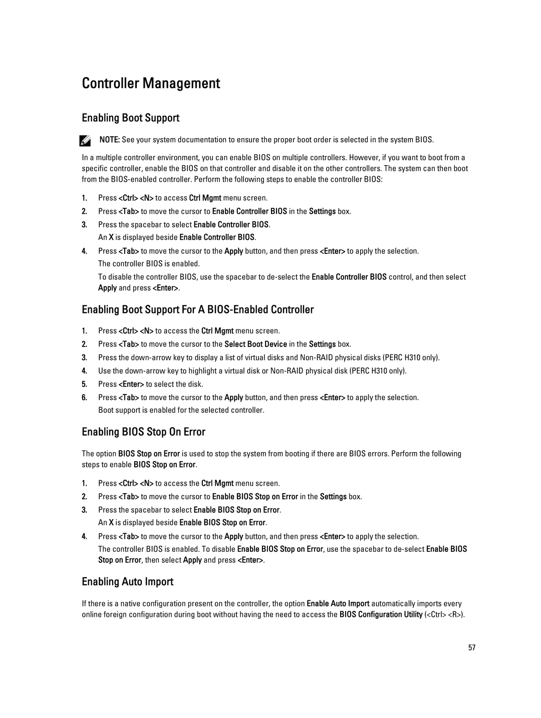 Dell H310 Controller Management, Enabling Boot Support For a BIOS-Enabled Controller, Enabling Bios Stop On Error 