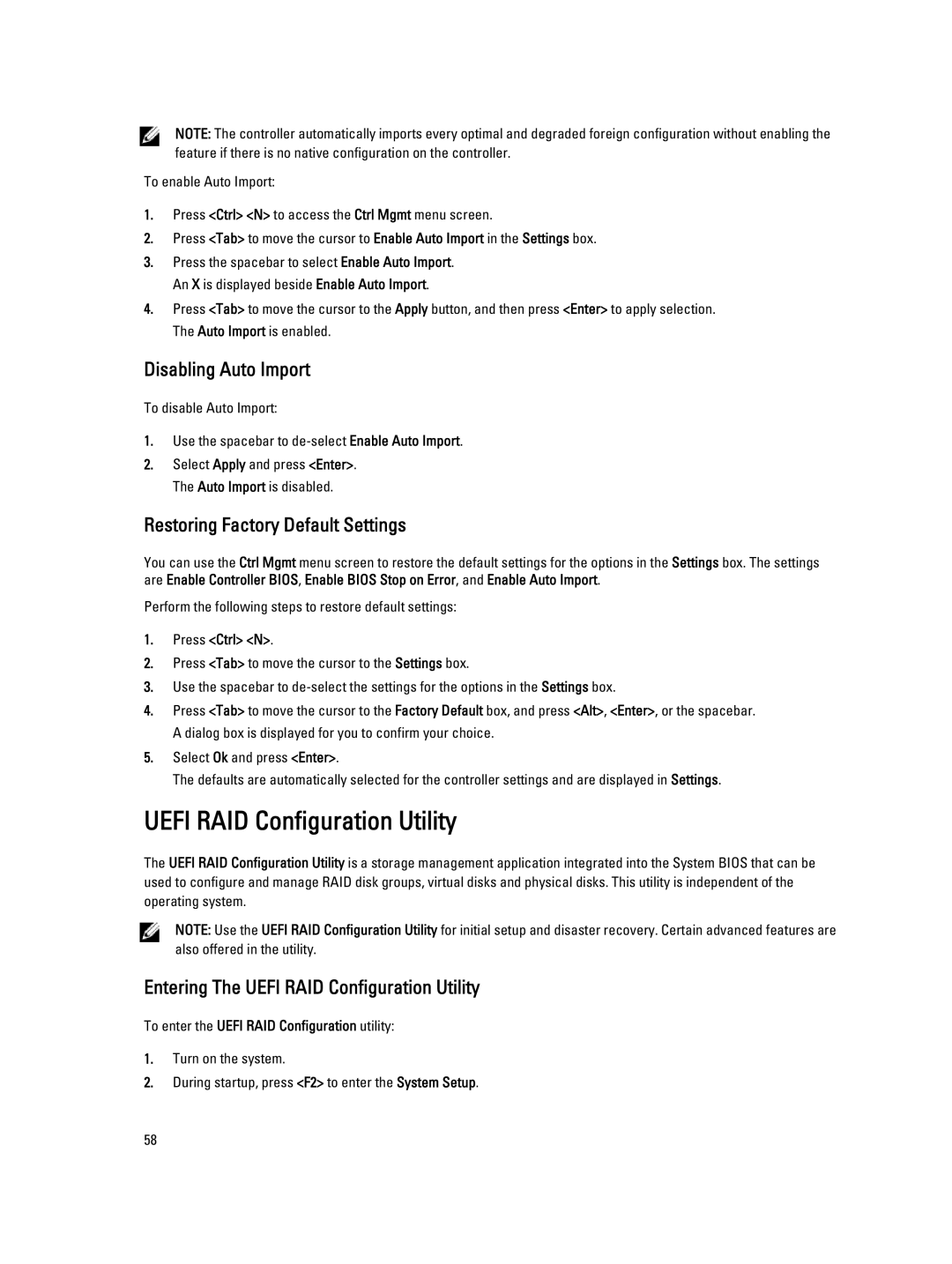 Dell H710P, H310, H810 manual Uefi RAID Configuration Utility, Disabling Auto Import, Restoring Factory Default Settings 