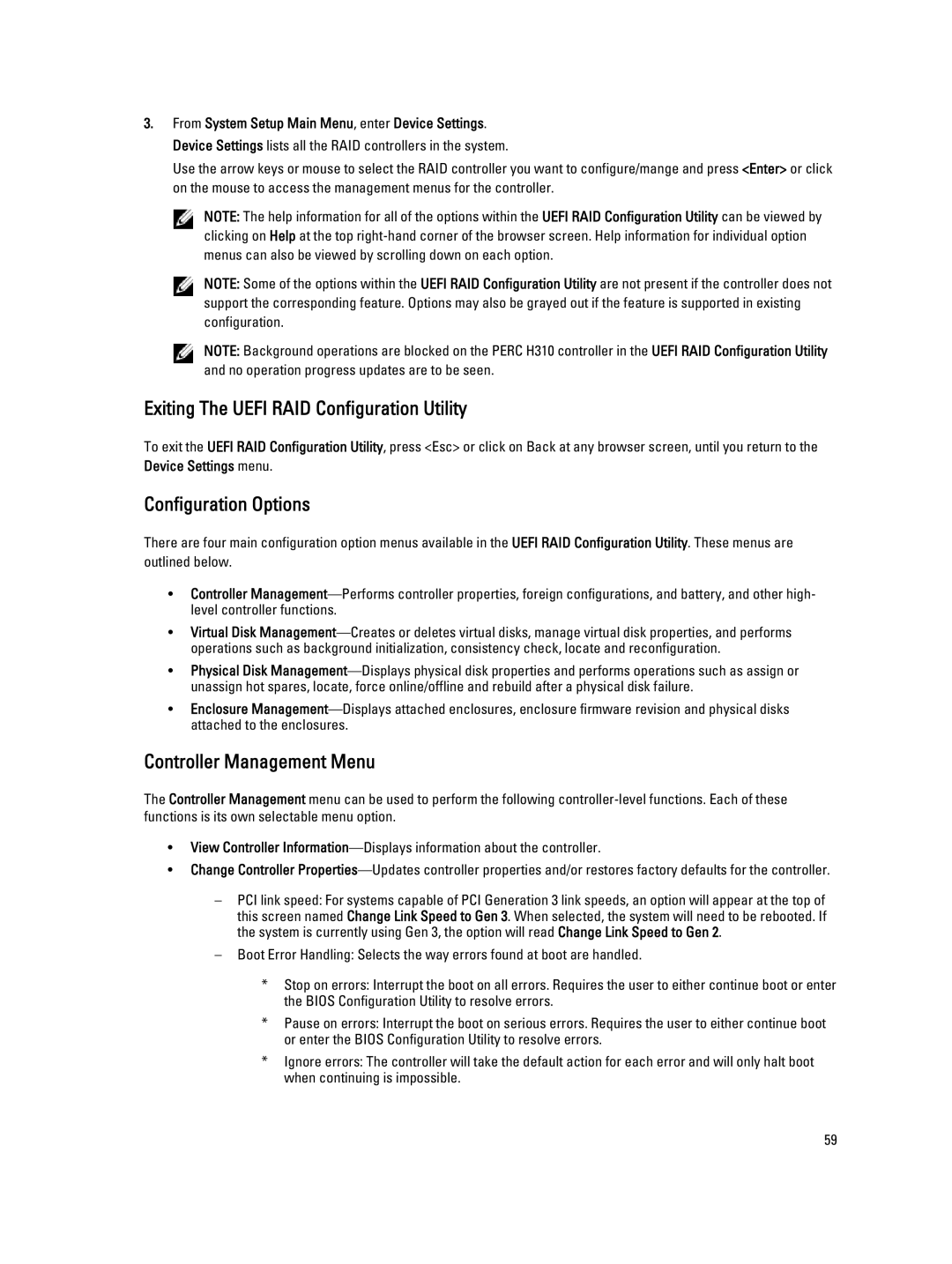 Dell H810, H710P, H310 manual Exiting The Uefi RAID Configuration Utility, Configuration Options, Controller Management Menu 