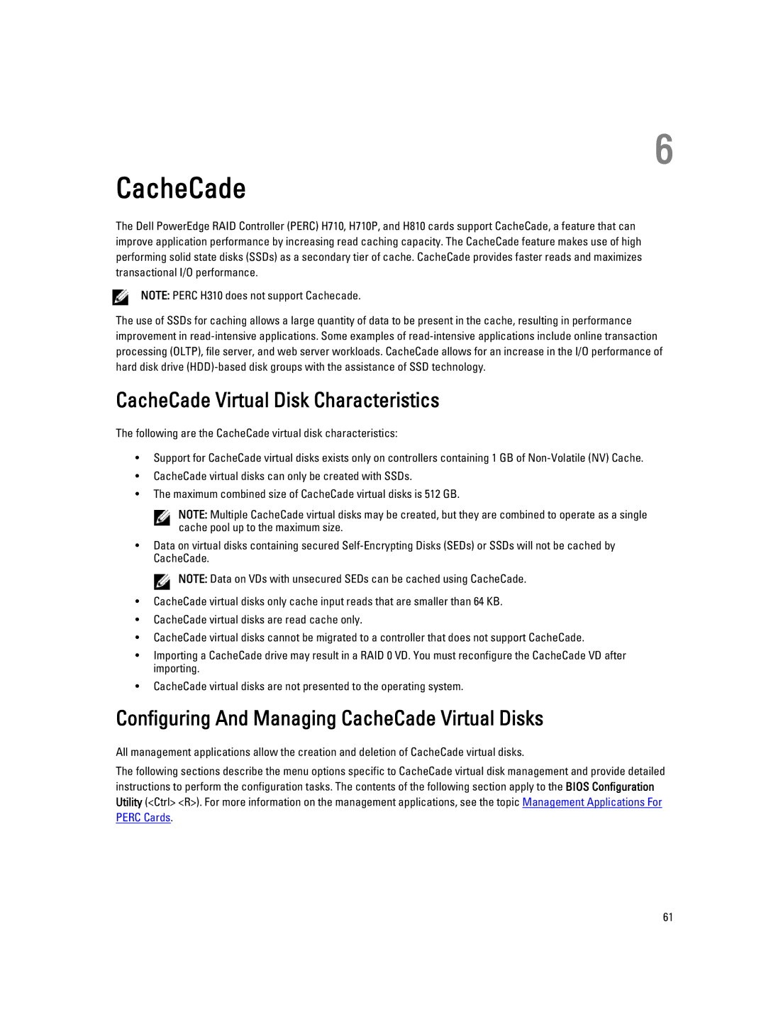 Dell H310, H710P, H810 manual CacheCade Virtual Disk Characteristics, Configuring And Managing CacheCade Virtual Disks 