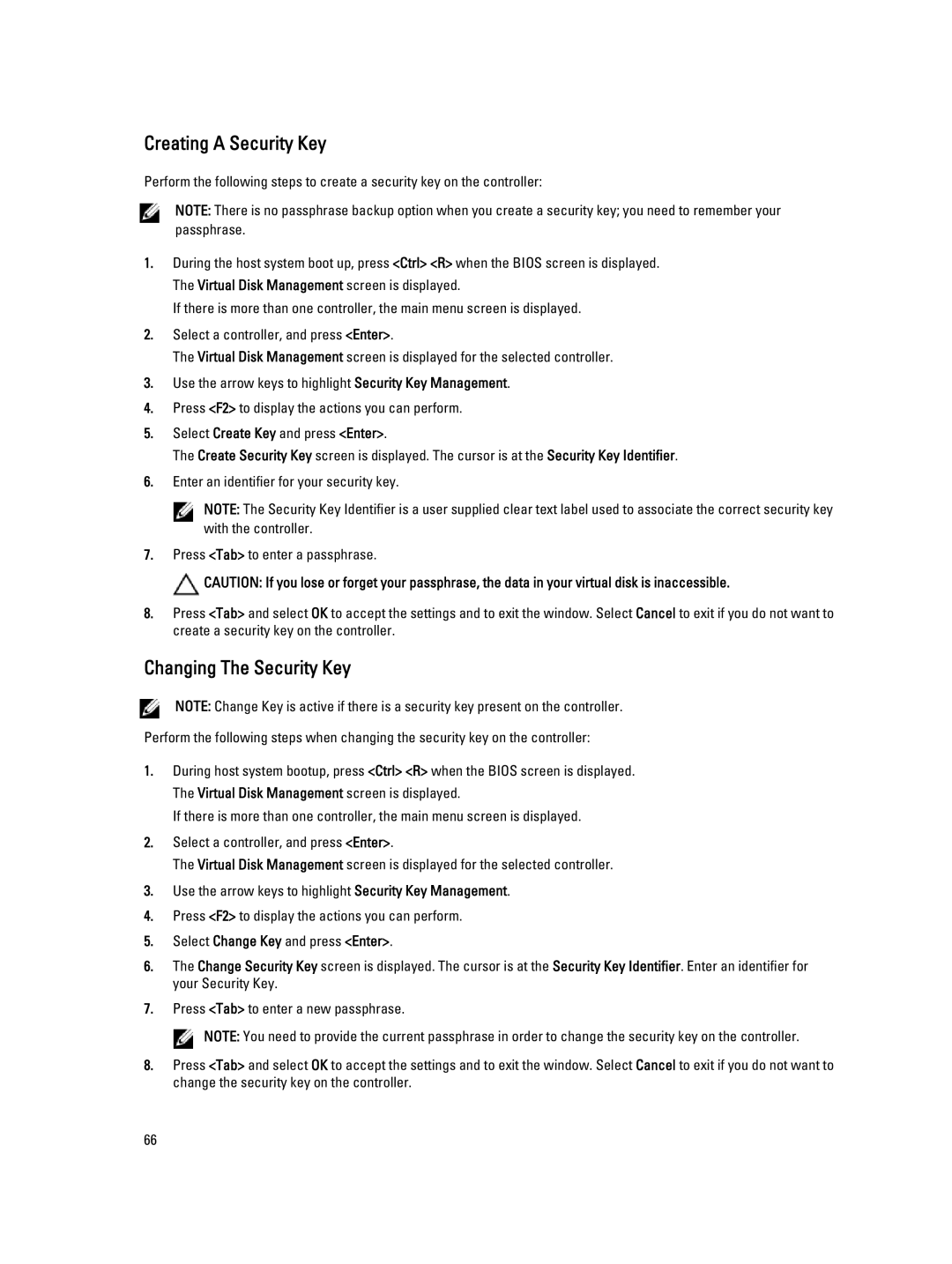 Dell H710P, H310, H810 manual Creating a Security Key, Changing The Security Key 