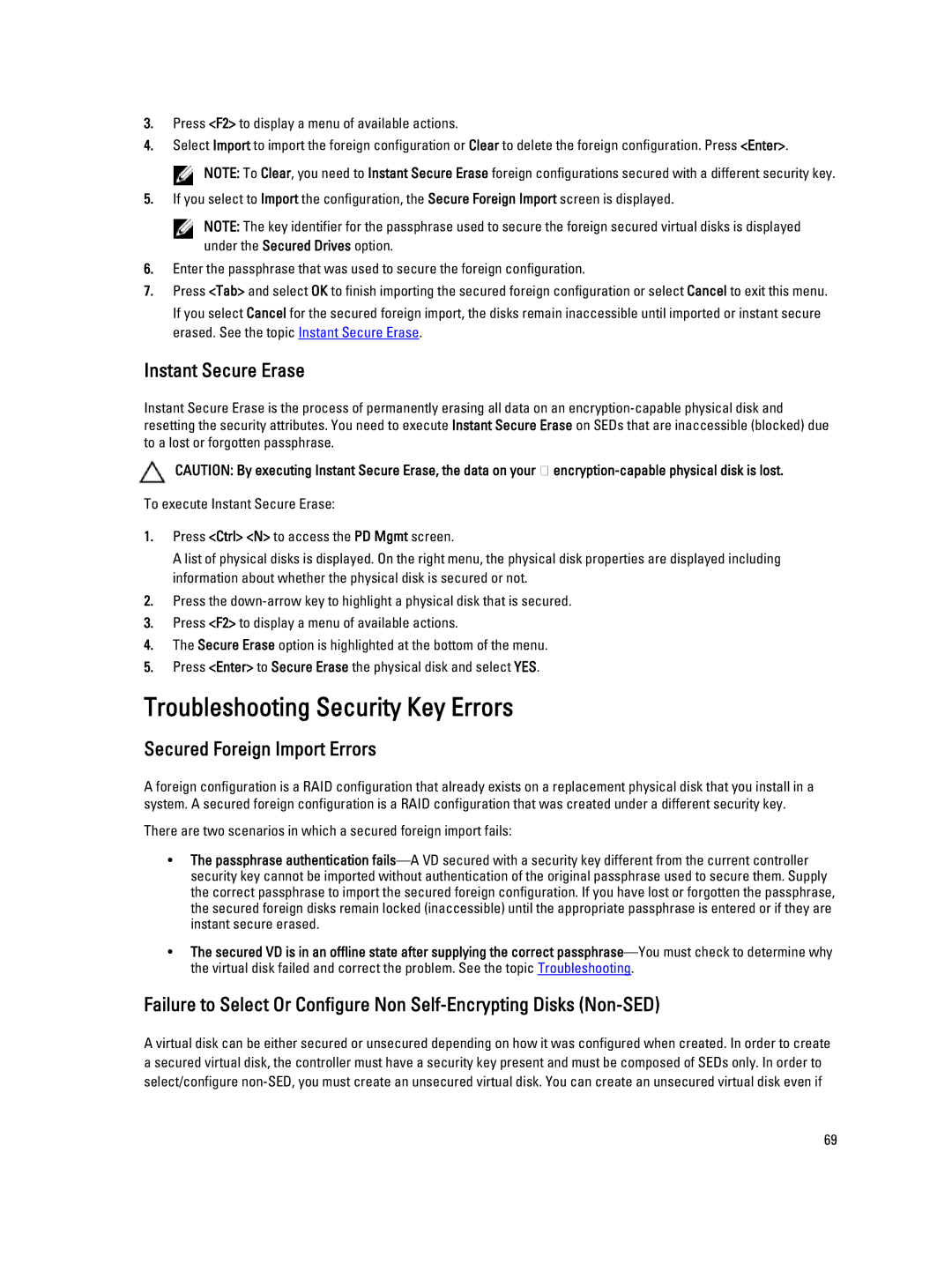 Dell H310, H710P, H810 manual Troubleshooting Security Key Errors, Instant Secure Erase, Secured Foreign Import Errors 