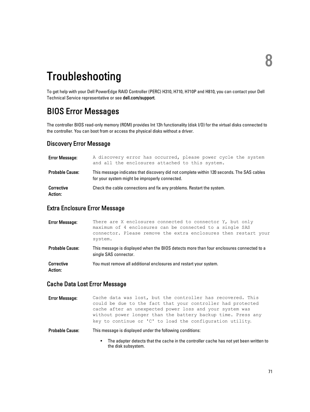 Dell H810, H710P, H310 manual Troubleshooting, Bios Error Messages, Discovery Error Message, Extra Enclosure Error Message 