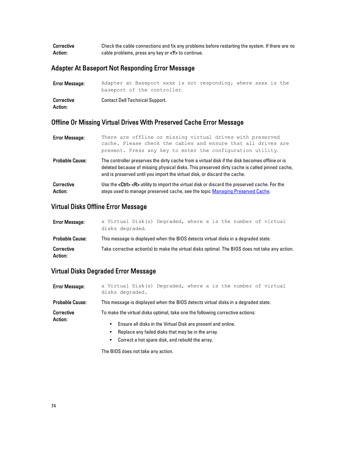 Dell H710P, H310, H810 manual Adapter At Baseport Not Responding Error Message, Virtual Disks Offline Error Message 