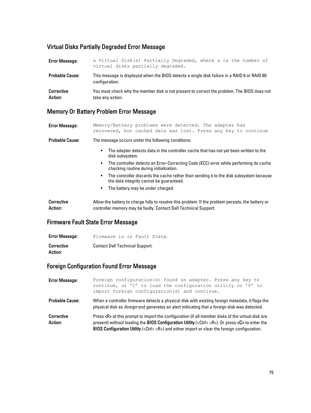 Dell H810, H710P, H310 manual Virtual Disks Partially Degraded Error Message, Memory Or Battery Problem Error Message 