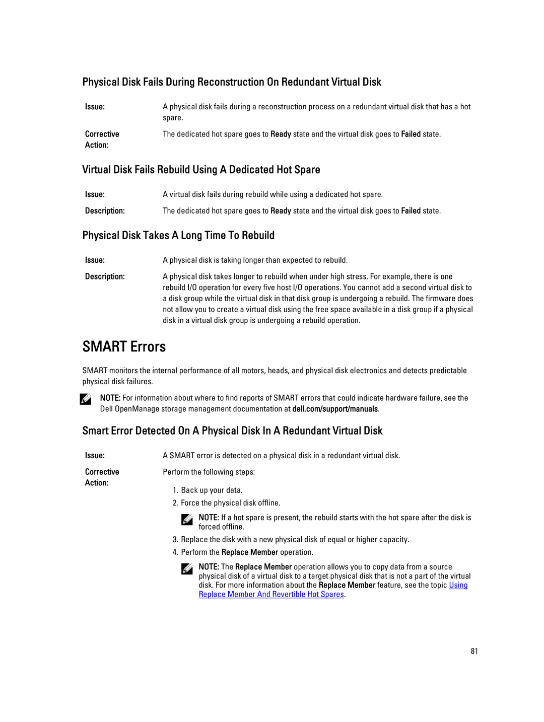 Dell H310 Smart Errors, Virtual Disk Fails Rebuild Using a Dedicated Hot Spare, Physical Disk Takes a Long Time To Rebuild 