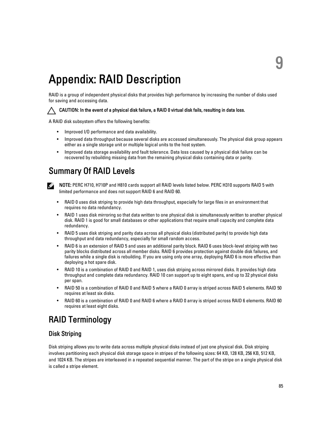 Dell H310, H710P, H810 manual Appendix RAID Description, Summary Of RAID Levels, RAID Terminology, Disk Striping 