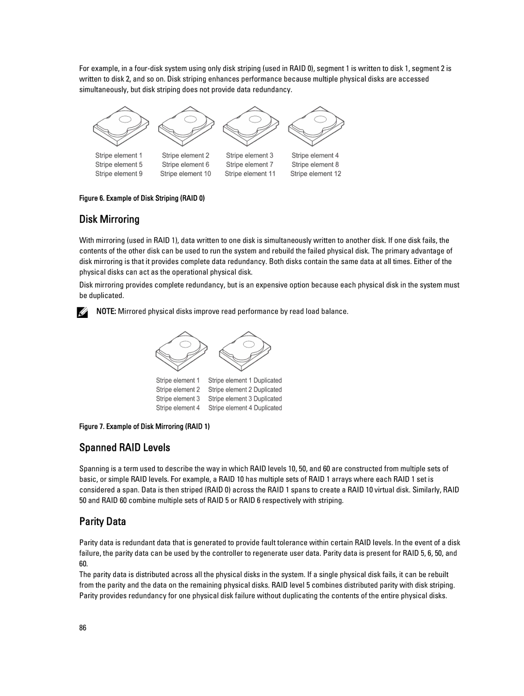 Dell H710P, H310, H810 manual Disk Mirroring, Spanned RAID Levels, Parity Data 