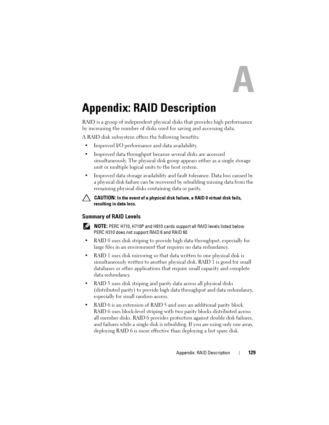 Dell H310, H710P, H810 manual Appendix RAID Description, Summary of RAID Levels 