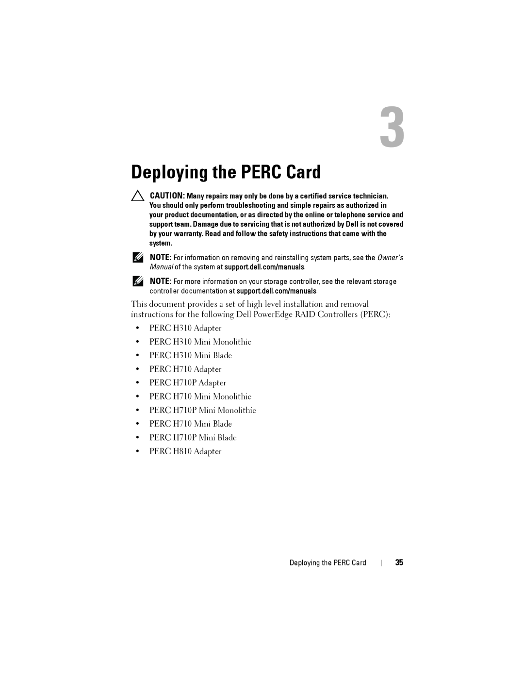 Dell H810, H710P, H310 manual Deploying the PERC Card 