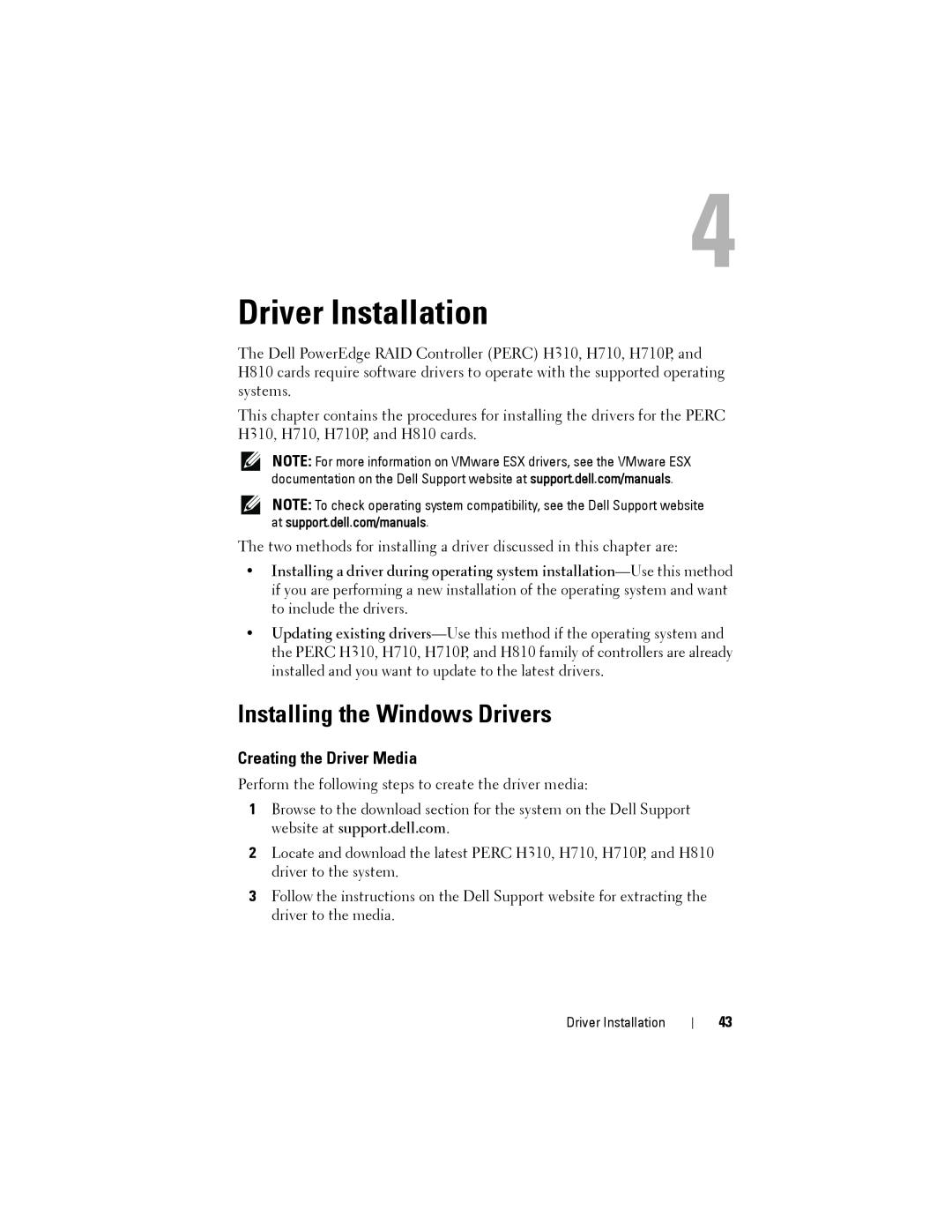 Dell H810, H710P, H310 manual Driver Installation, Installing the Windows Drivers, Creating the Driver Media 