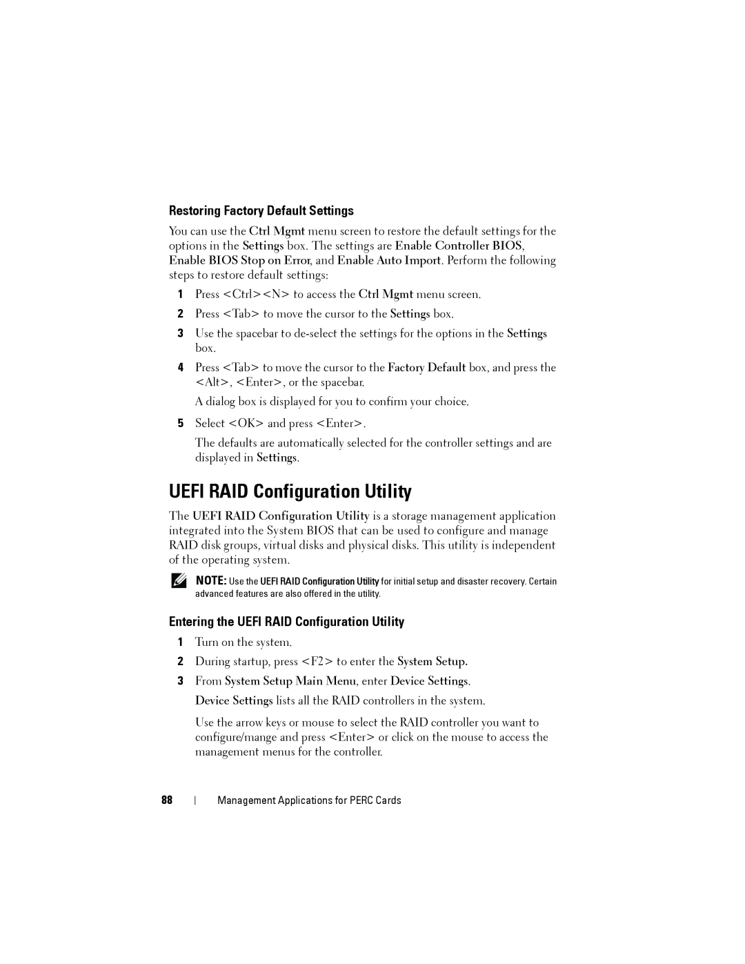 Dell H710P, H310, H810 manual UEFI RAID Configuration Utility, Restoring Factory Default Settings 