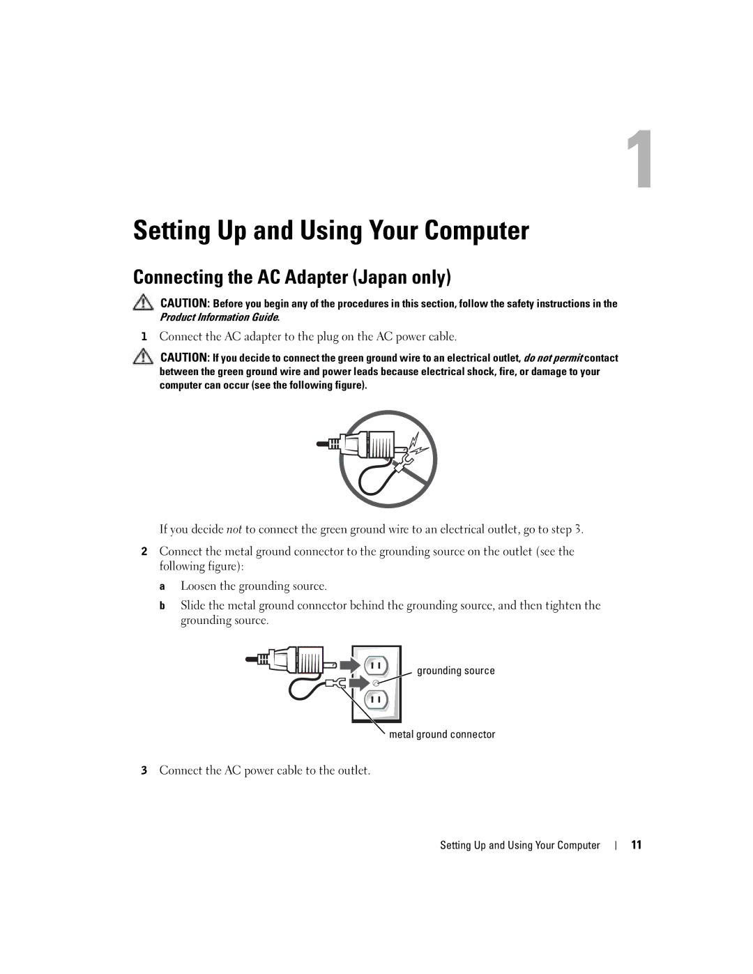 Dell H7228 manual Connecting the AC Adapter Japan only, Setting Up and Using Your Computer 