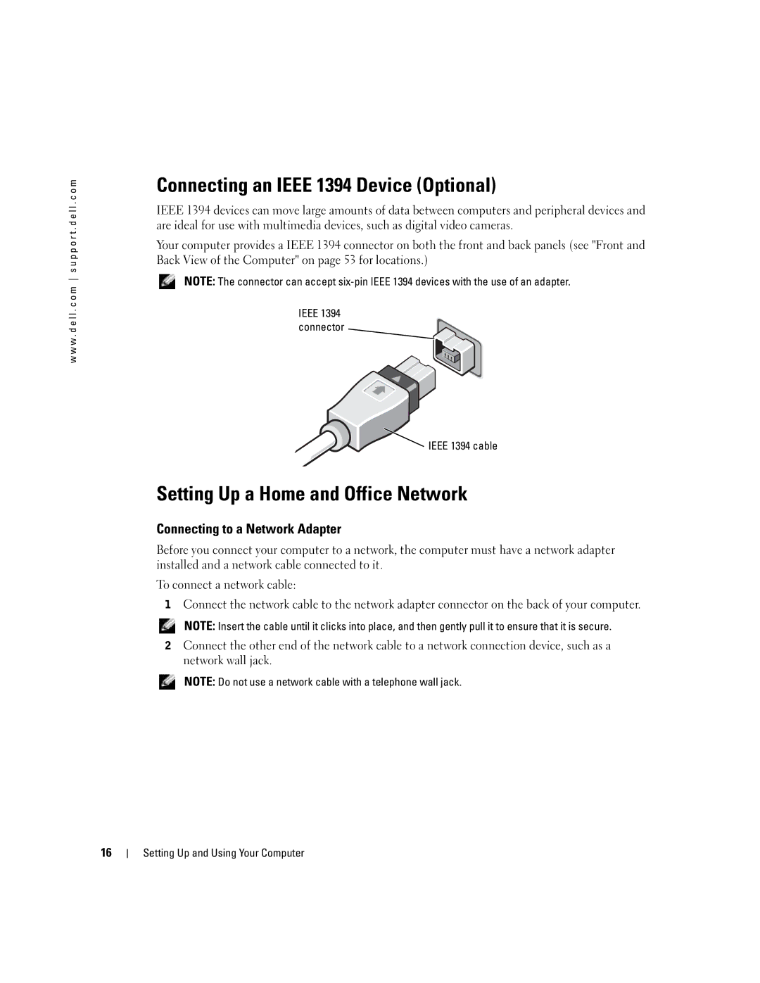 Dell H7228 Connecting an Ieee 1394 Device Optional, Setting Up a Home and Office Network, Connecting to a Network Adapter 