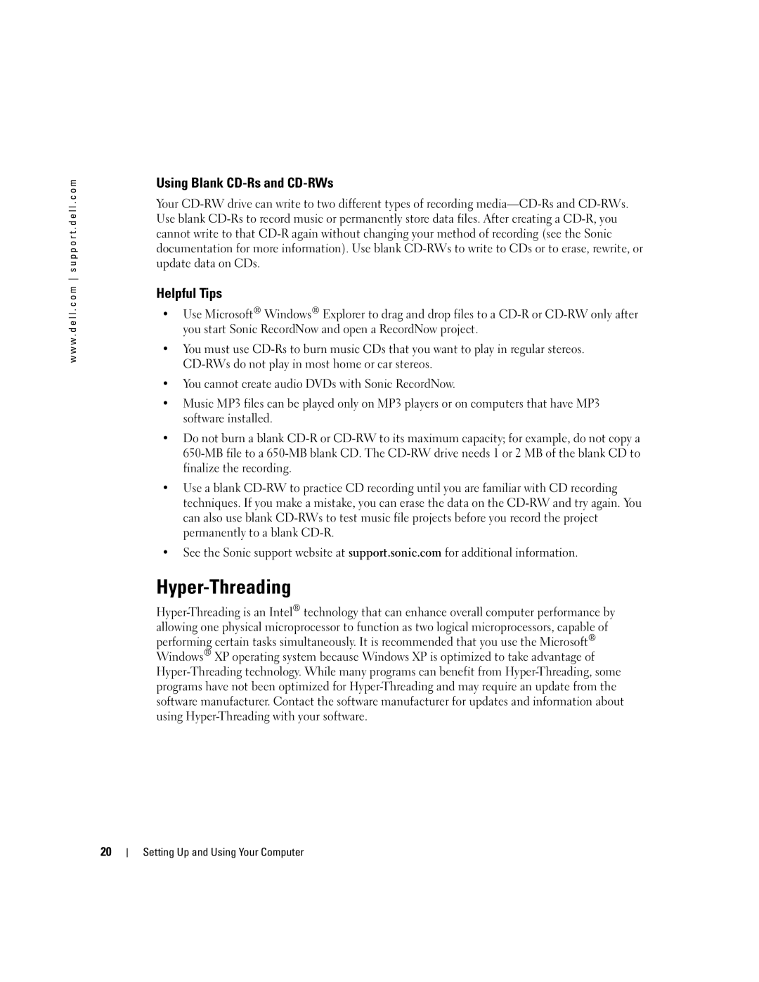 Dell H7228 manual Hyper-Threading, Using Blank CD-Rs and CD-RWs, Helpful Tips 