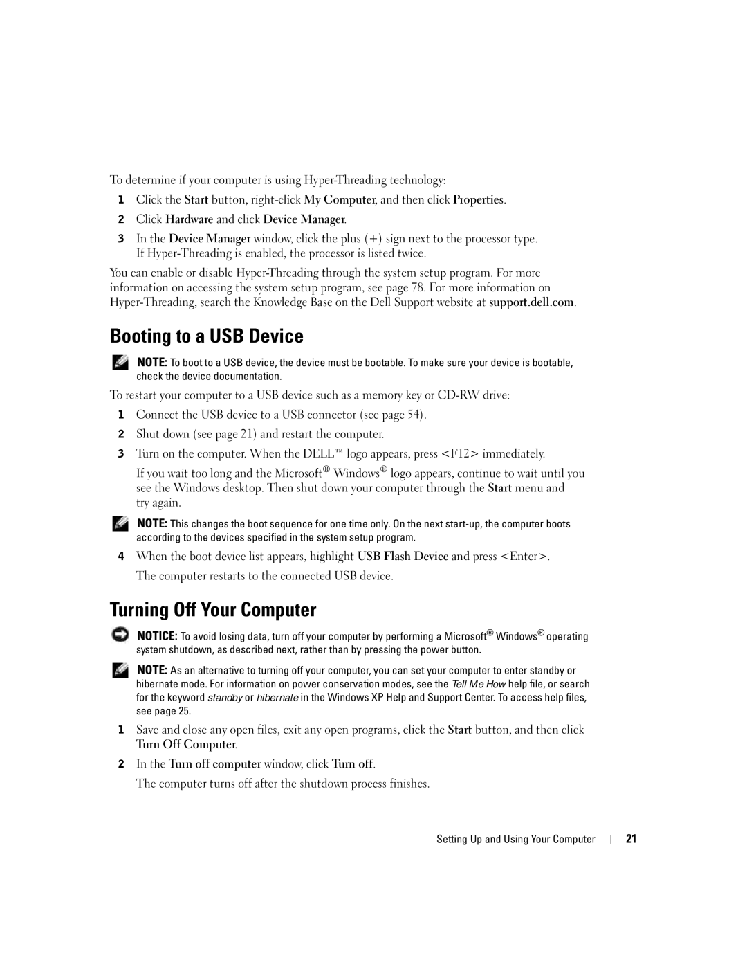 Dell H7228 manual Booting to a USB Device, Turning Off Your Computer 