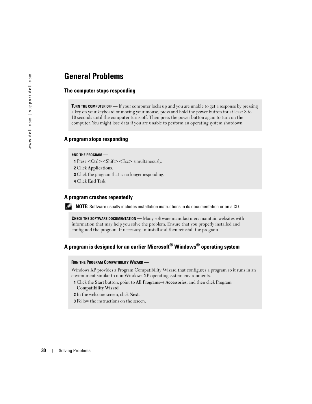 Dell H7228 manual General Problems, Computer stops responding, Program stops responding, Program crashes repeatedly 