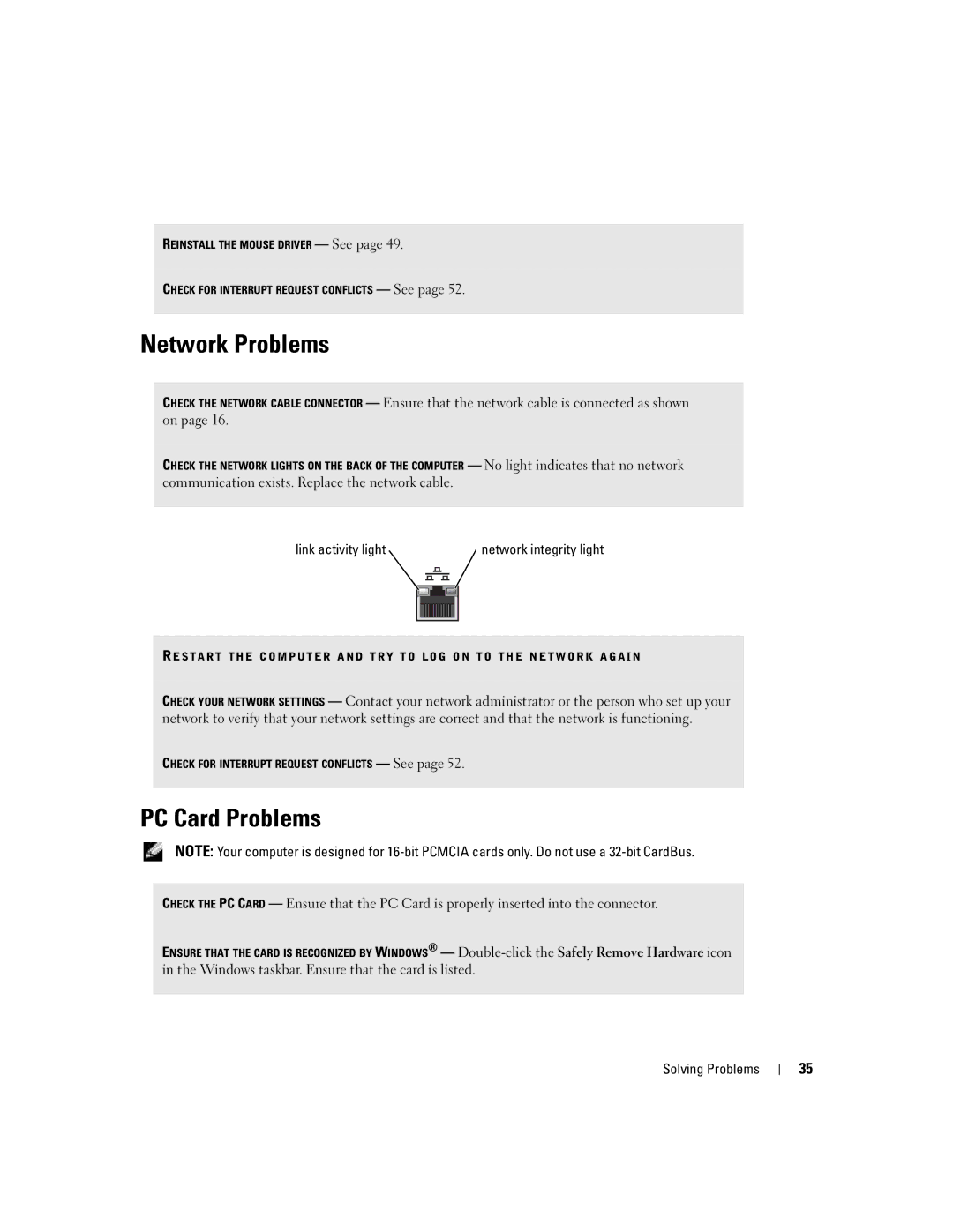 Dell H7228 manual Network Problems, PC Card Problems, Link activity light 