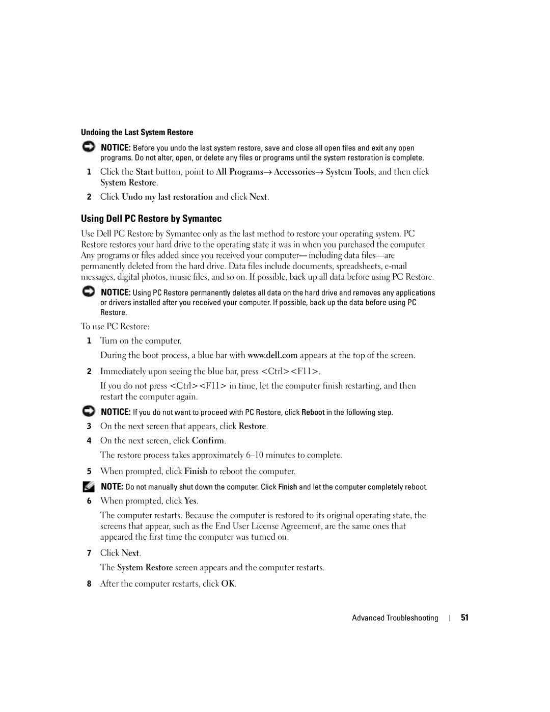 Dell H7228 manual Using Dell PC Restore by Symantec 