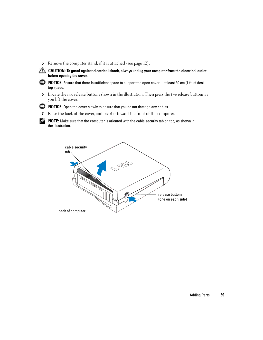 Dell H7228 manual Cable security tab, Back of computer Adding Parts 