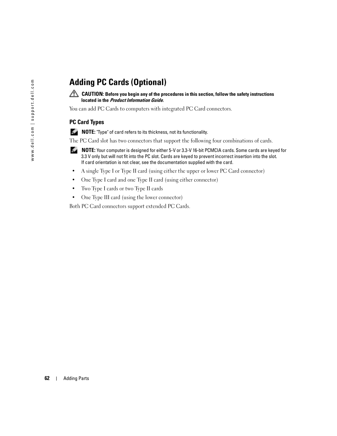 Dell H7228 manual Adding PC Cards Optional, PC Card Types 