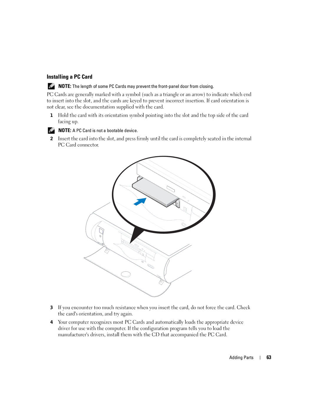 Dell H7228 manual Installing a PC Card 