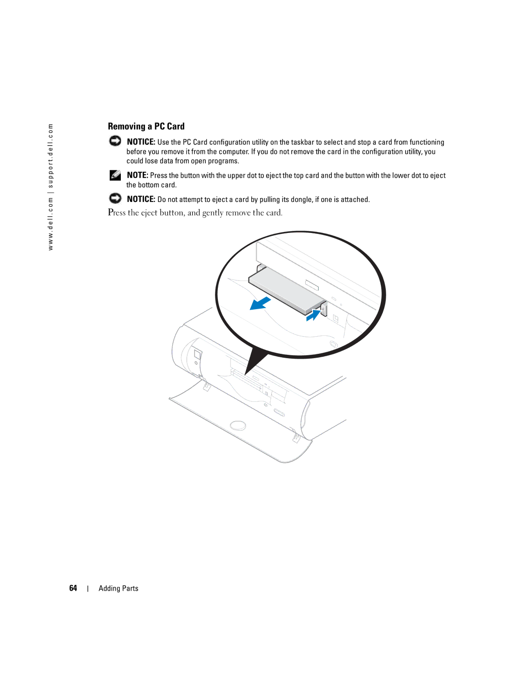 Dell H7228 manual Removing a PC Card 