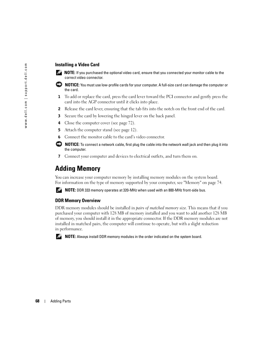 Dell H7228 manual Adding Memory, Installing a Video Card, DDR Memory Overview 