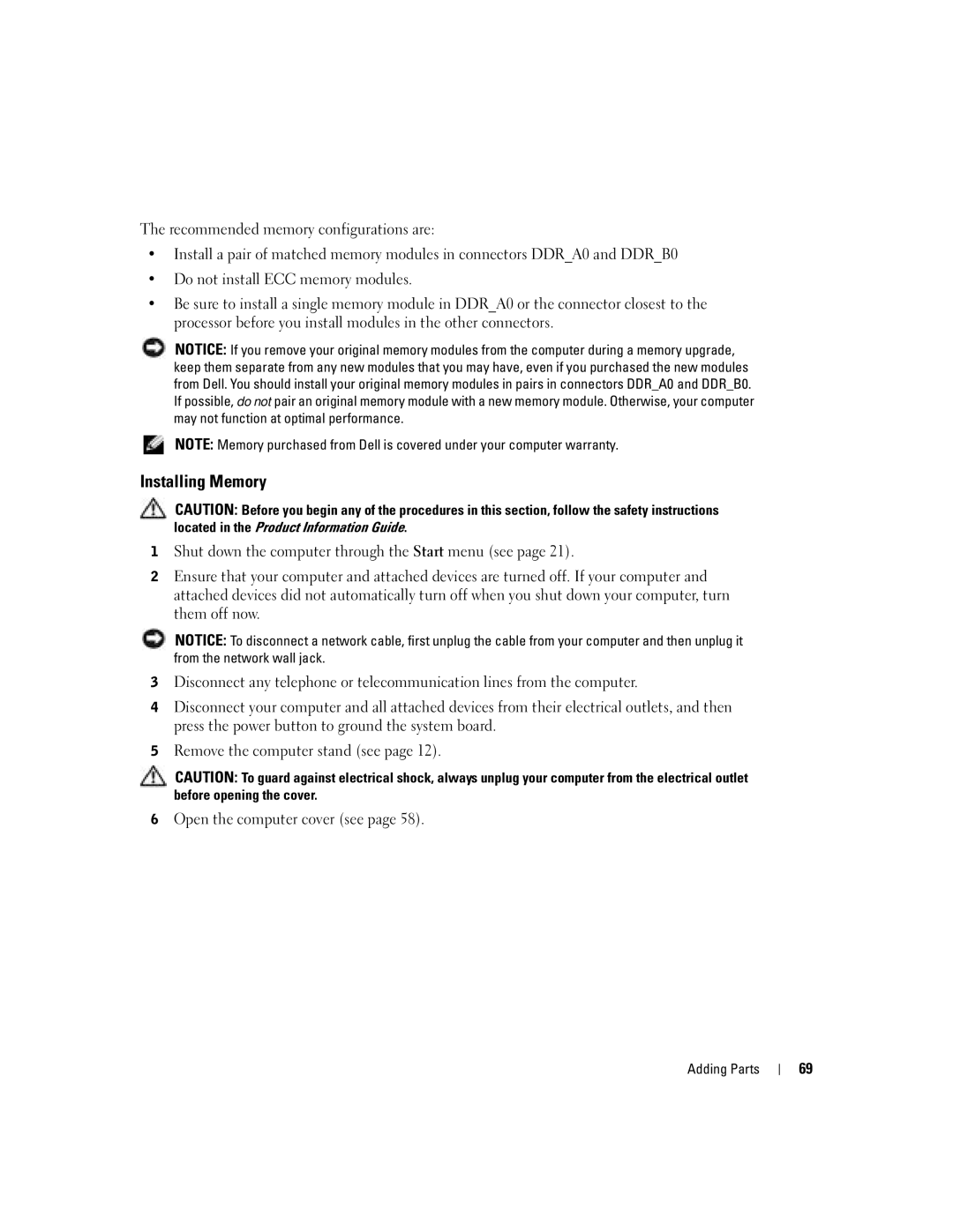 Dell H7228 manual Installing Memory 