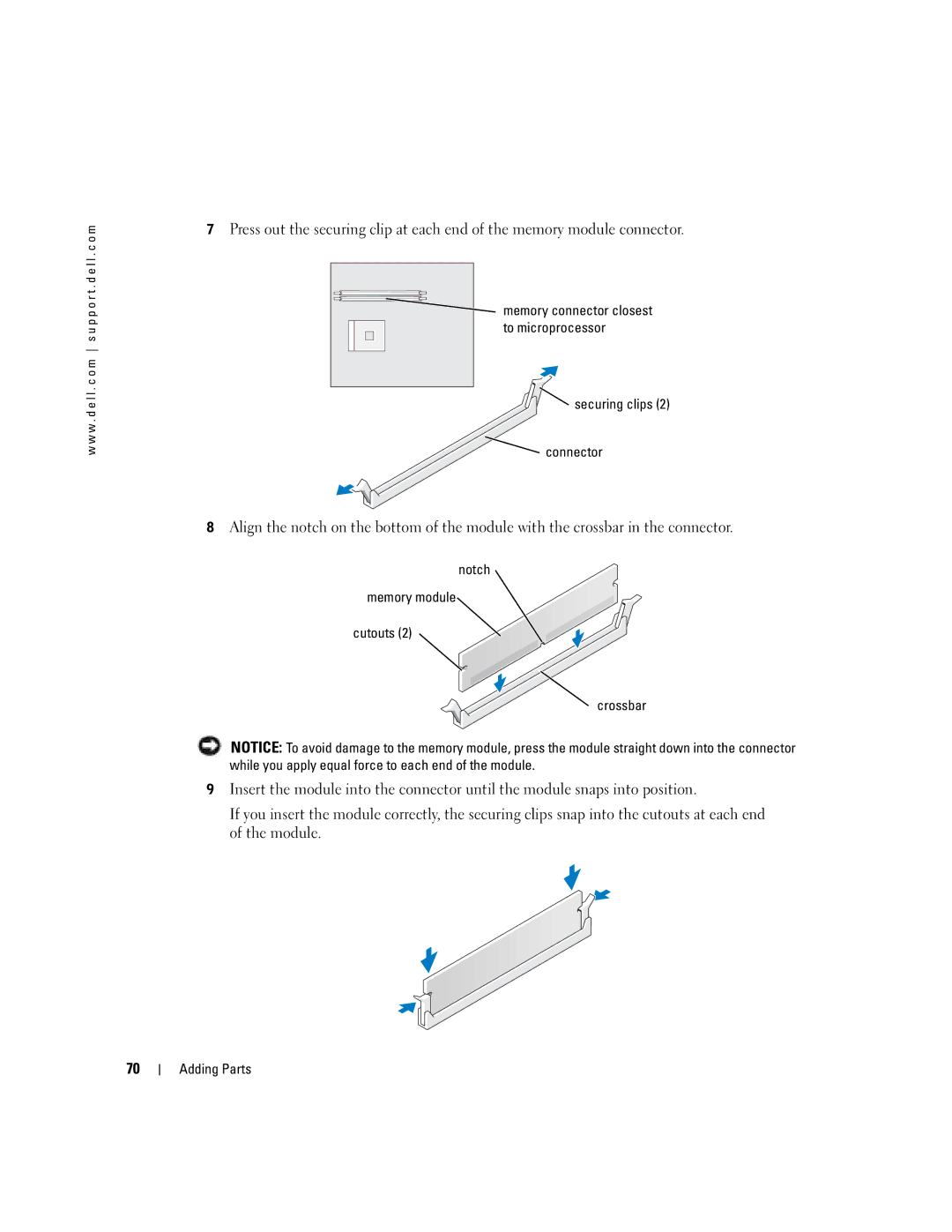 Dell H7228 manual Securing clips Connector, Notch Memory module Cutouts Crossbar 