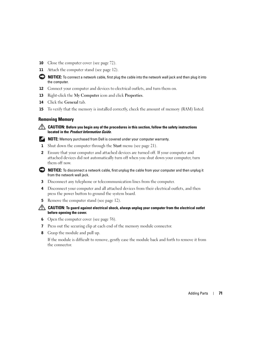 Dell H7228 manual Removing Memory 