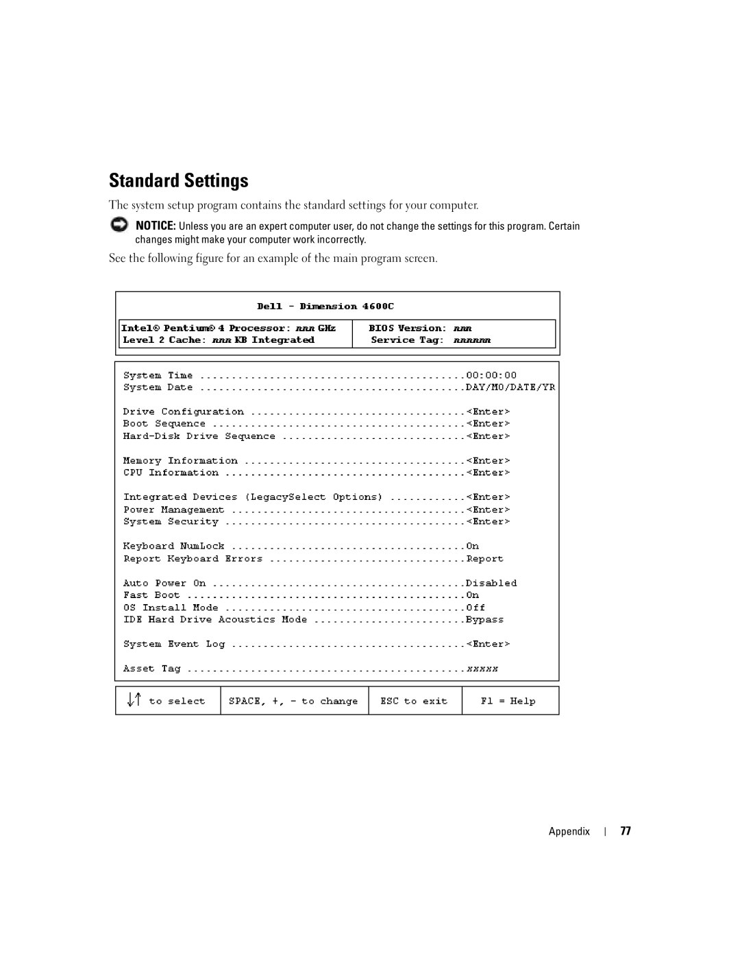 Dell H7228 manual Standard Settings 