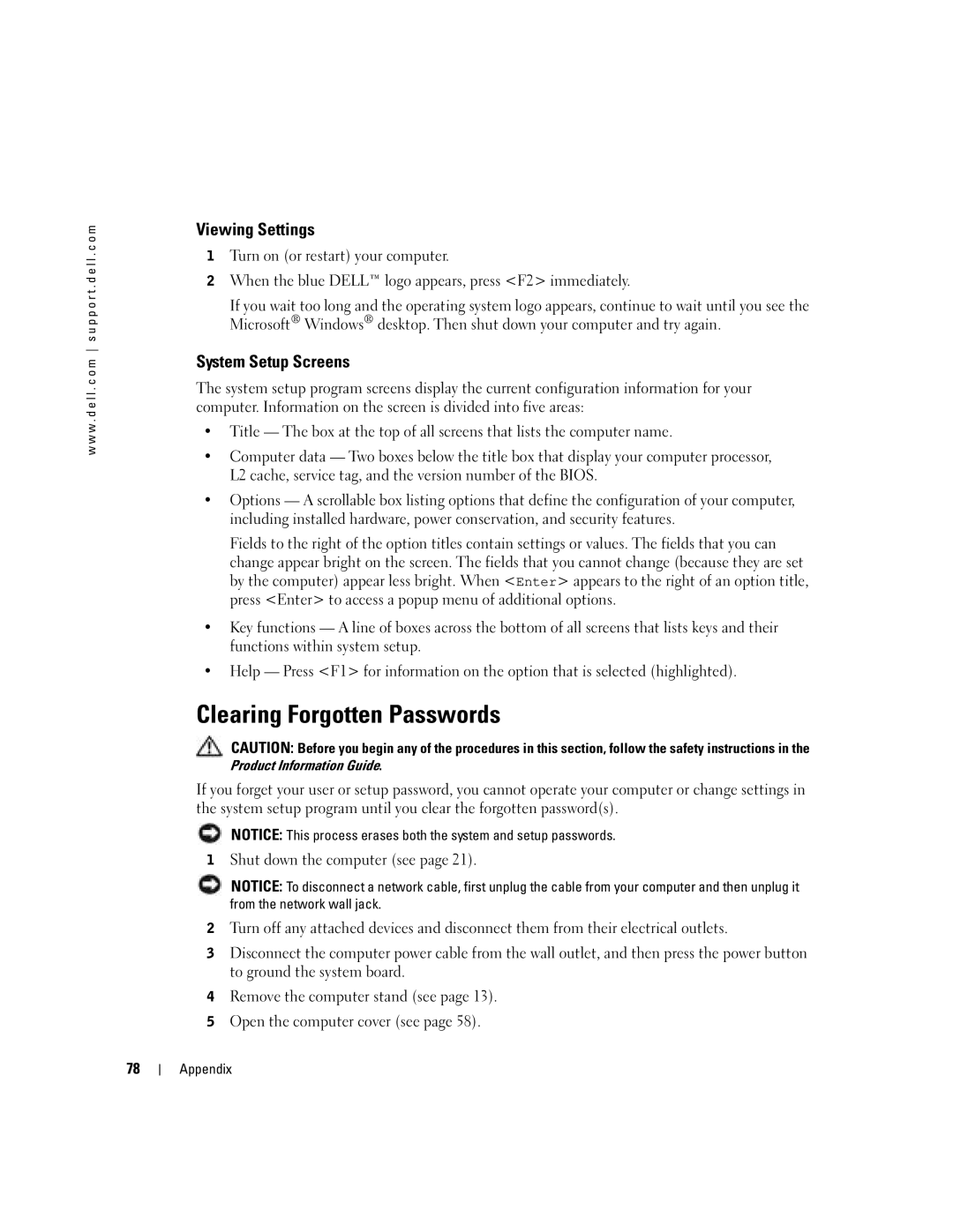 Dell H7228 manual Clearing Forgotten Passwords, Viewing Settings, System Setup Screens 