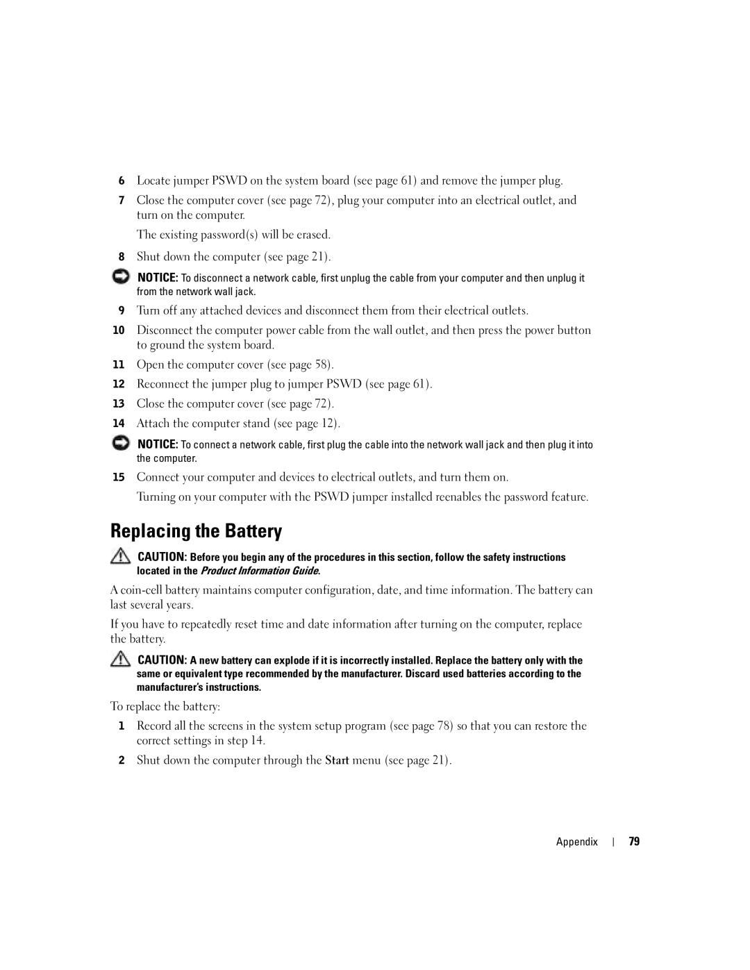 Dell H7228 manual Replacing the Battery 